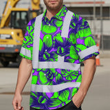Hi Vis Hawaiian Shirt Reflective Tapes Green Neon Violet Orchid Custom Name Safety Workwear For Workers, Truckers, Operators