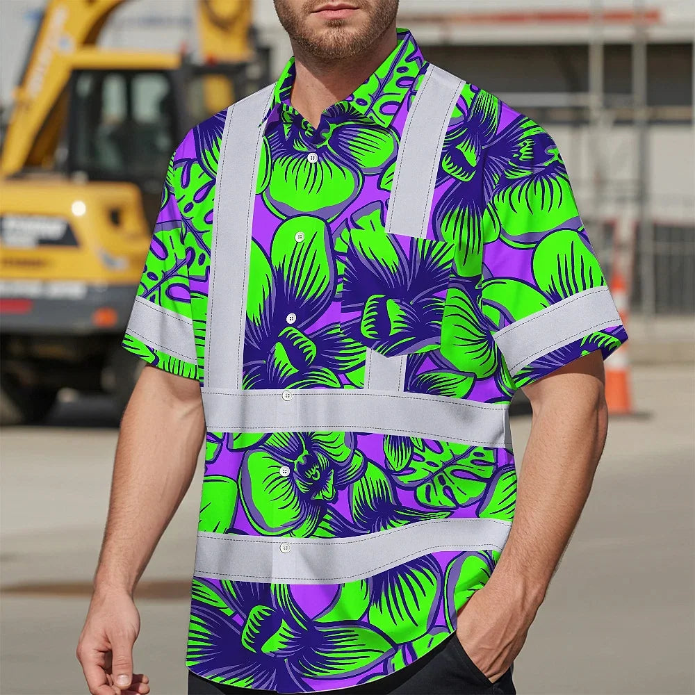 Hi Vis Hawaiian Shirt Reflective Tapes Green Neon Violet Orchid Custom Name Safety Workwear For Workers, Truckers, Operators