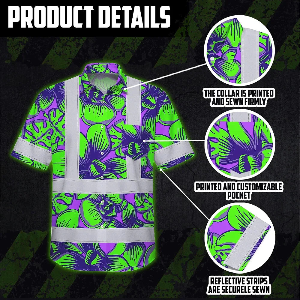 Hi Vis Hawaiian Shirt Reflective Tapes Green Neon Violet Orchid Custom Name Safety Workwear For Workers, Truckers, Operators