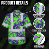 Hi Vis Hawaiian Shirt Reflective Tapes Green Neon Violet Orchid Custom Name Safety Workwear For Workers, Truckers, Operators