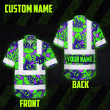 Hi Vis Hawaiian Shirt Reflective Tapes Green Neon Violet Orchid Custom Name Safety Workwear For Workers, Truckers, Operators