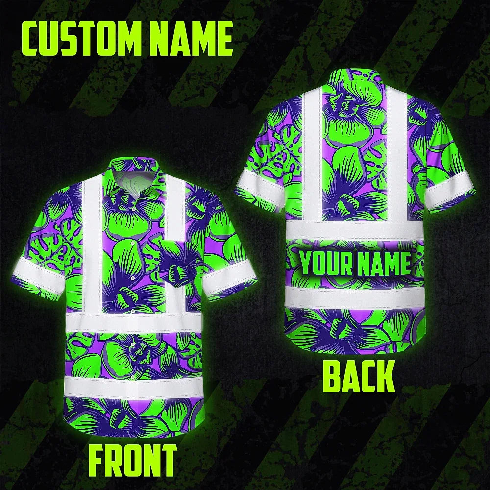 Hi Vis Hawaiian Shirt Reflective Tapes Green Neon Violet Orchid Custom Name Safety Workwear For Workers, Truckers, Operators