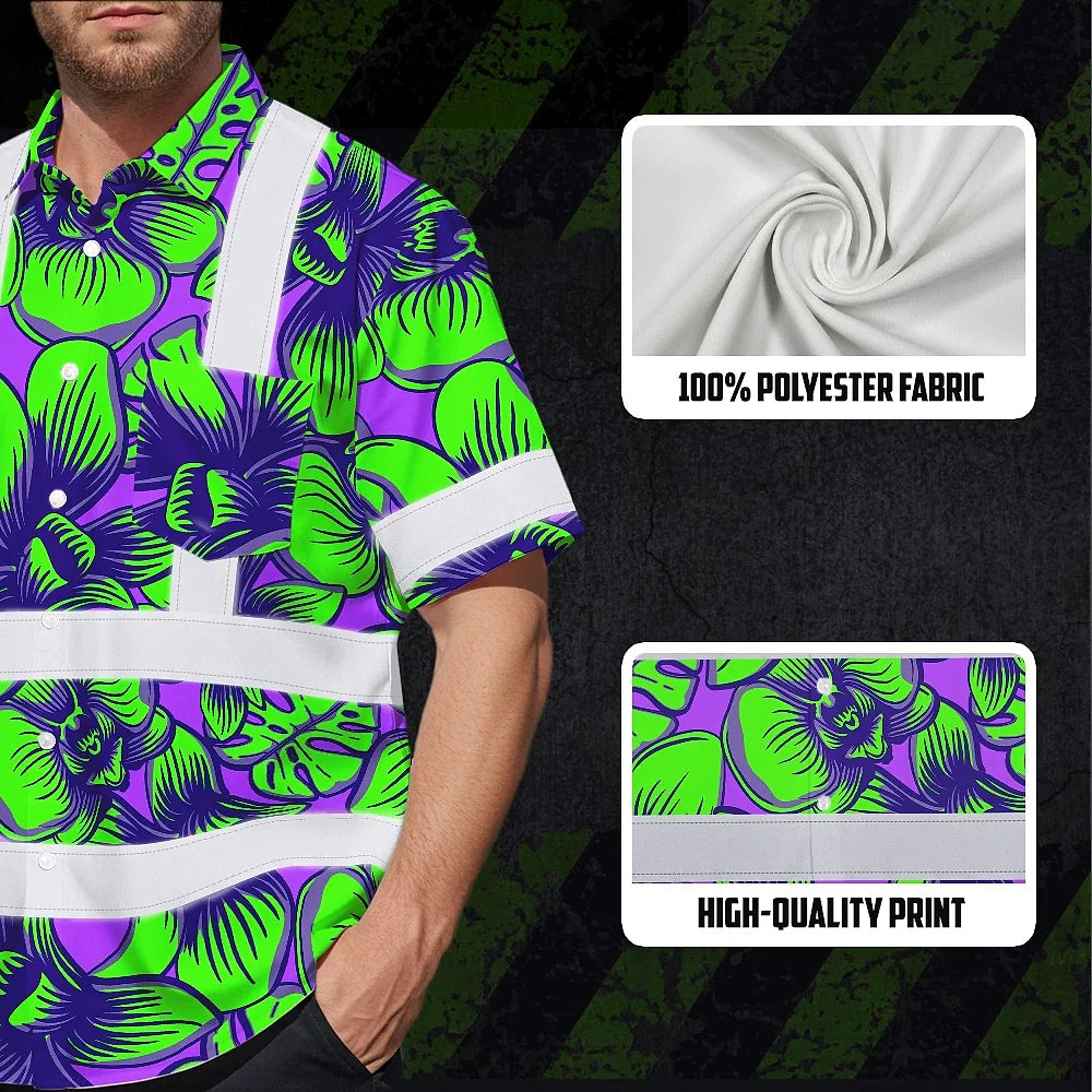 Hi Vis Hawaiian Shirt Reflective Tapes Green Neon Violet Orchid Custom Name Safety Workwear For Workers, Truckers, Operators