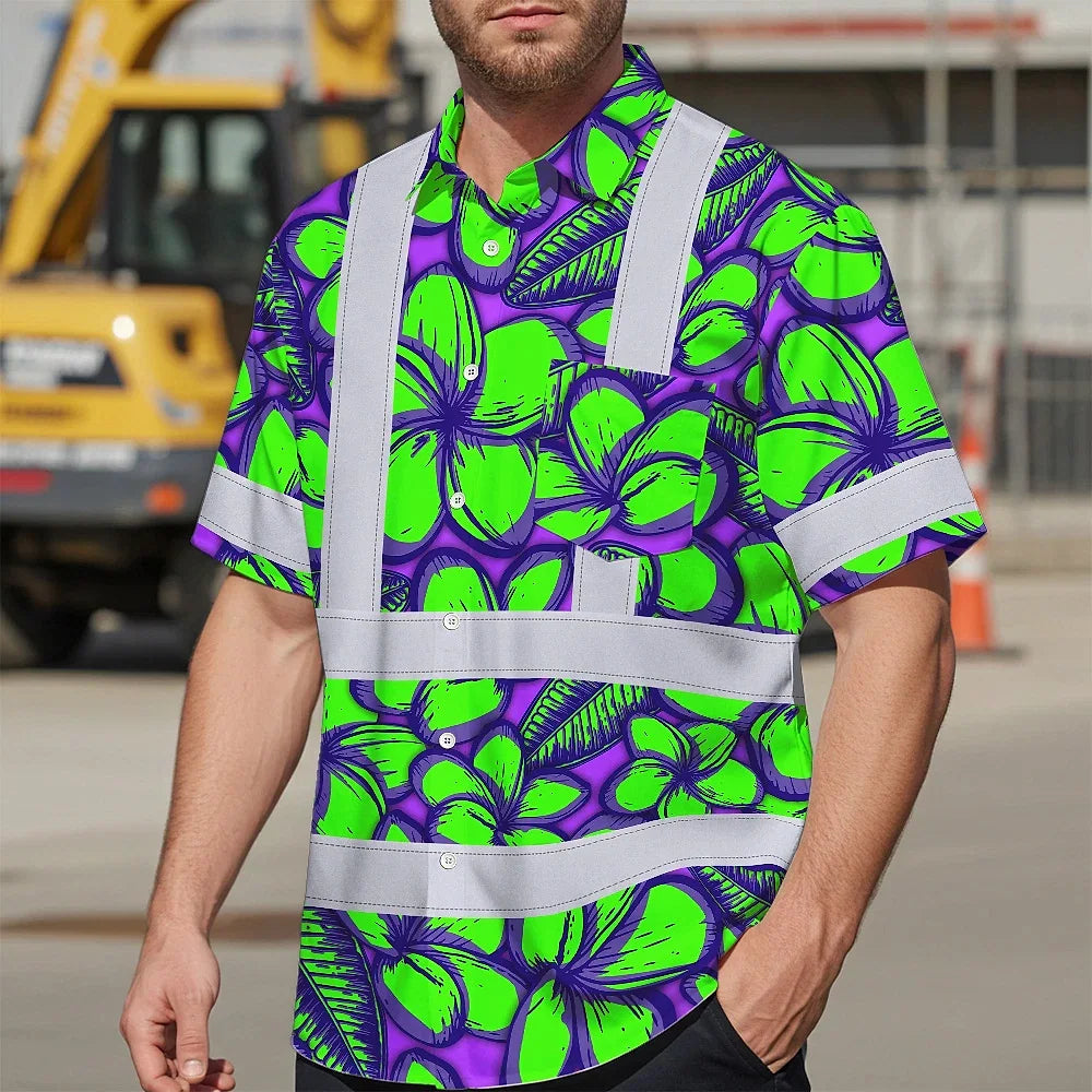 Hi Vis Hawaiian Shirt Reflective Tapes Green Neon Violet Plumeria Custom Name Safety Workwear For Workers, Truckers, Operators
