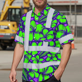 Hi Vis Hawaiian Shirt Reflective Tapes Green Neon Violet Plumeria Custom Name Safety Workwear For Workers, Truckers, Operators