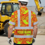 Hi Vis Hawaiian Shirt Reflective Tapes Green Neon Violet Plumeria Custom Name Safety Workwear For Workers, Truckers, Operators