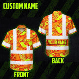 Hi Vis Hawaiian Shirt Reflective Tapes Green Neon Violet Plumeria Custom Name Safety Workwear For Workers, Truckers, Operators