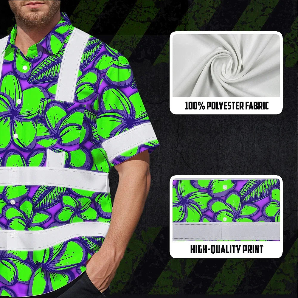 Hi Vis Hawaiian Shirt Reflective Tapes Green Neon Violet Plumeria Custom Name Safety Workwear For Workers, Truckers, Operators