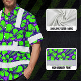Hi Vis Hawaiian Shirt Reflective Tapes Green Neon Violet Plumeria Custom Name Safety Workwear For Workers, Truckers, Operators