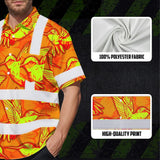 Hi Vis Hawaiian Shirt Reflective Tapes Green Neon Violet Plumeria Custom Name Safety Workwear For Workers, Truckers, Operators