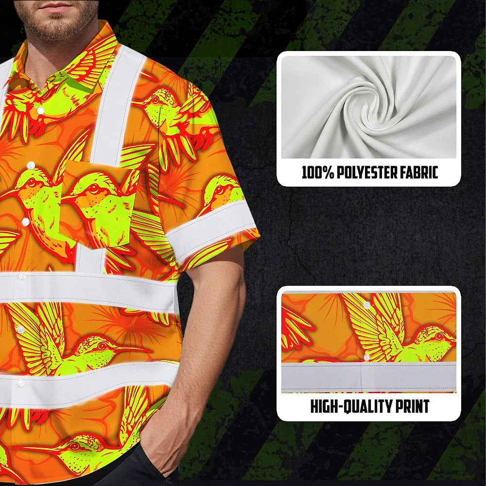 Hi Vis Hawaiian Shirt Reflective Tapes Green Neon Violet Plumeria Custom Name Safety Workwear For Workers, Truckers, Operators