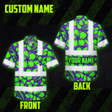 Hi Vis Hawaiian Shirt Reflective Tapes Green Neon Violet Plumeria Custom Name Safety Workwear For Workers, Truckers, Operators