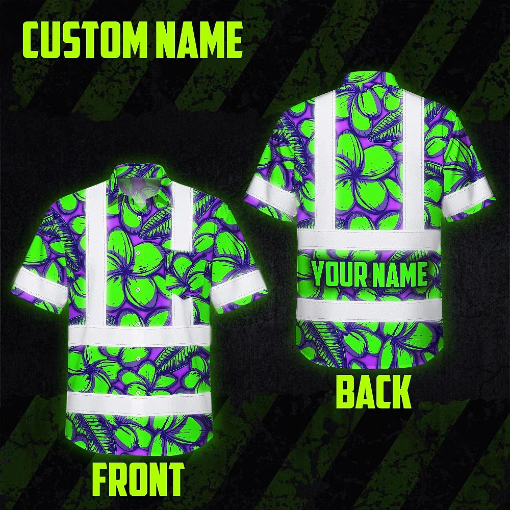 Hi Vis Hawaiian Shirt Reflective Tapes Green Neon Violet Plumeria Custom Name Safety Workwear For Workers, Truckers, Operators