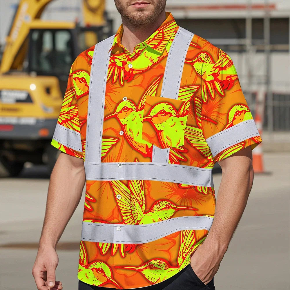 Hi Vis Hawaiian Shirt Reflective Tapes Green Neon Violet Plumeria Custom Name Safety Workwear For Workers, Truckers, Operators