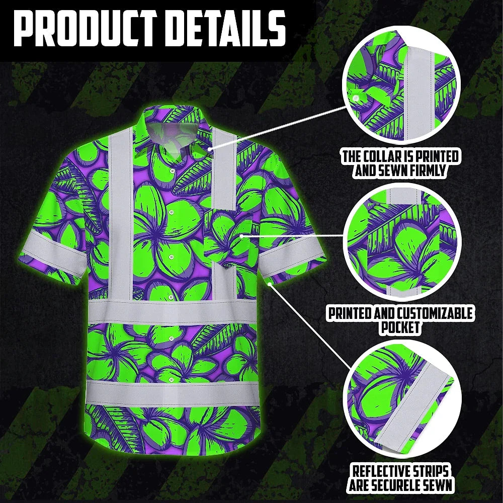 Hi Vis Hawaiian Shirt Reflective Tapes Green Neon Violet Plumeria Custom Name Safety Workwear For Workers, Truckers, Operators