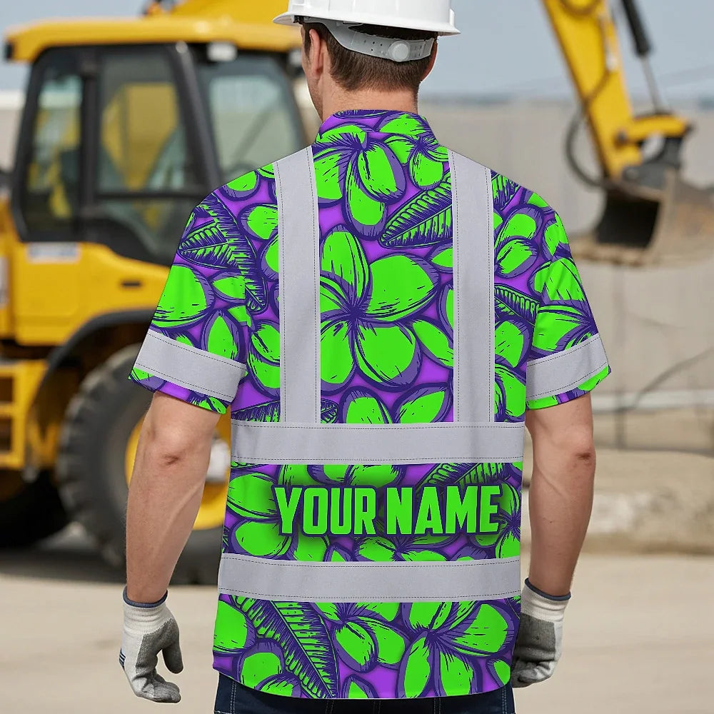 Hi Vis Hawaiian Shirt Reflective Tapes Green Neon Violet Plumeria Custom Name Safety Workwear For Workers, Truckers, Operators
