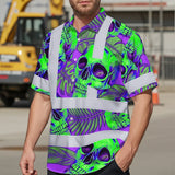 Hi Vis Hawaiian Shirt Reflective Tapes Green Neon Violet Skull Custom Name Safety Workwear For Workers, Truckers, Operators