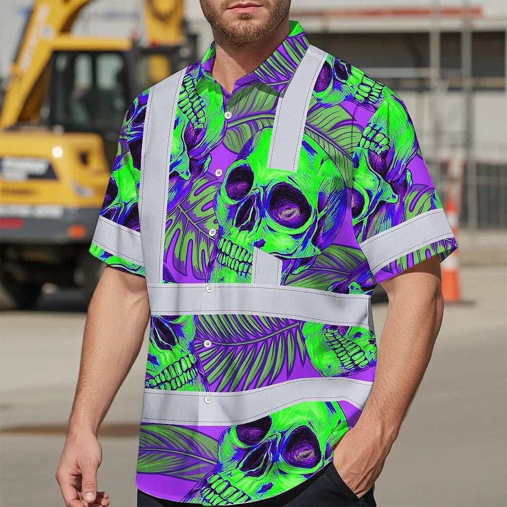 Hi Vis Hawaiian Shirt Reflective Tapes Green Neon Violet Skull Custom Name Safety Workwear For Workers, Truckers, Operators