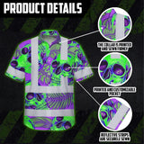 Hi Vis Hawaiian Shirt Reflective Tapes Green Neon Violet Skull Custom Name Safety Workwear For Workers, Truckers, Operators