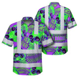 Hi Vis Hawaiian Shirt Reflective Tapes Green Neon Violet Skull Custom Name Safety Workwear For Workers, Truckers, Operators