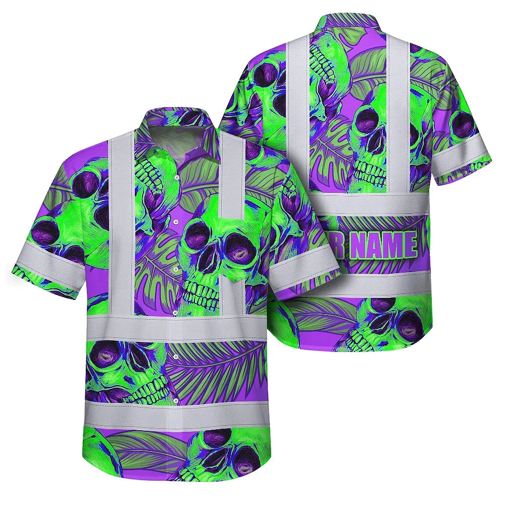 Hi Vis Hawaiian Shirt Reflective Tapes Green Neon Violet Skull Custom Name Safety Workwear For Workers, Truckers, Operators