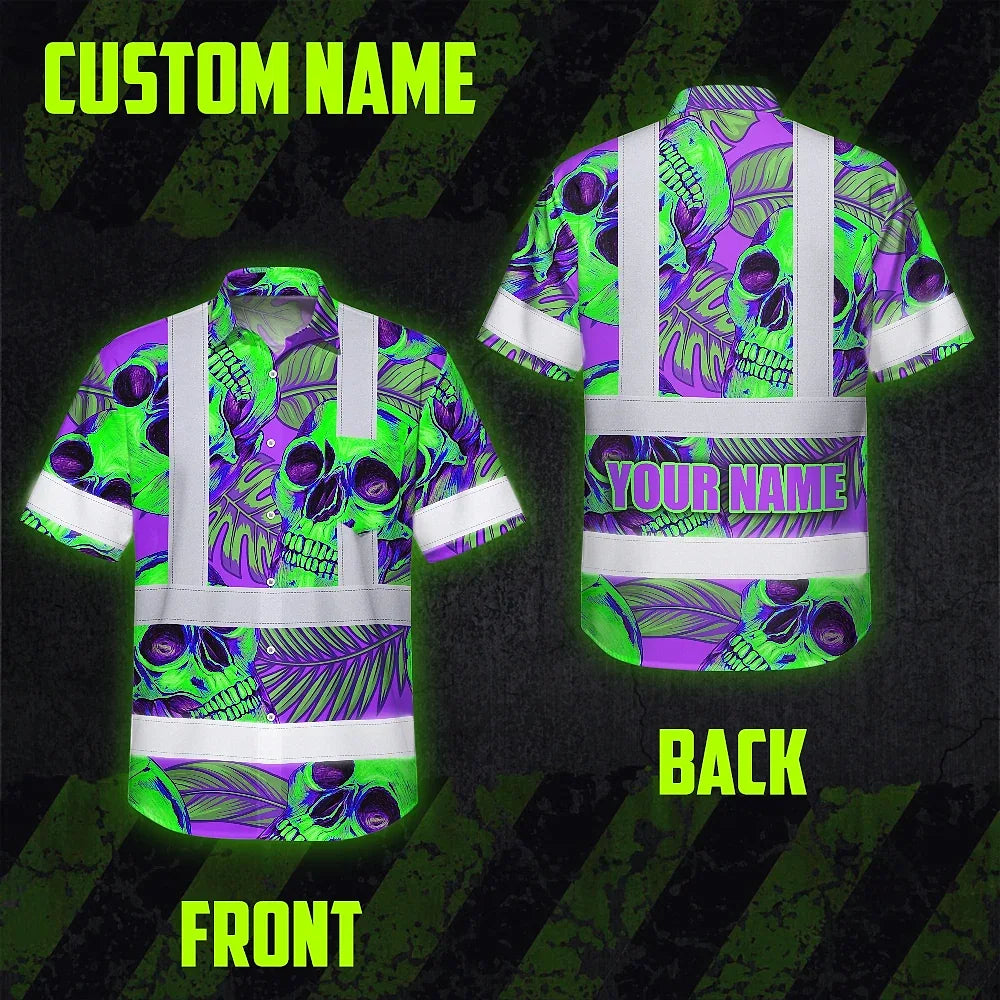 Hi Vis Hawaiian Shirt Reflective Tapes Green Neon Violet Skull Custom Name Safety Workwear For Workers, Truckers, Operators