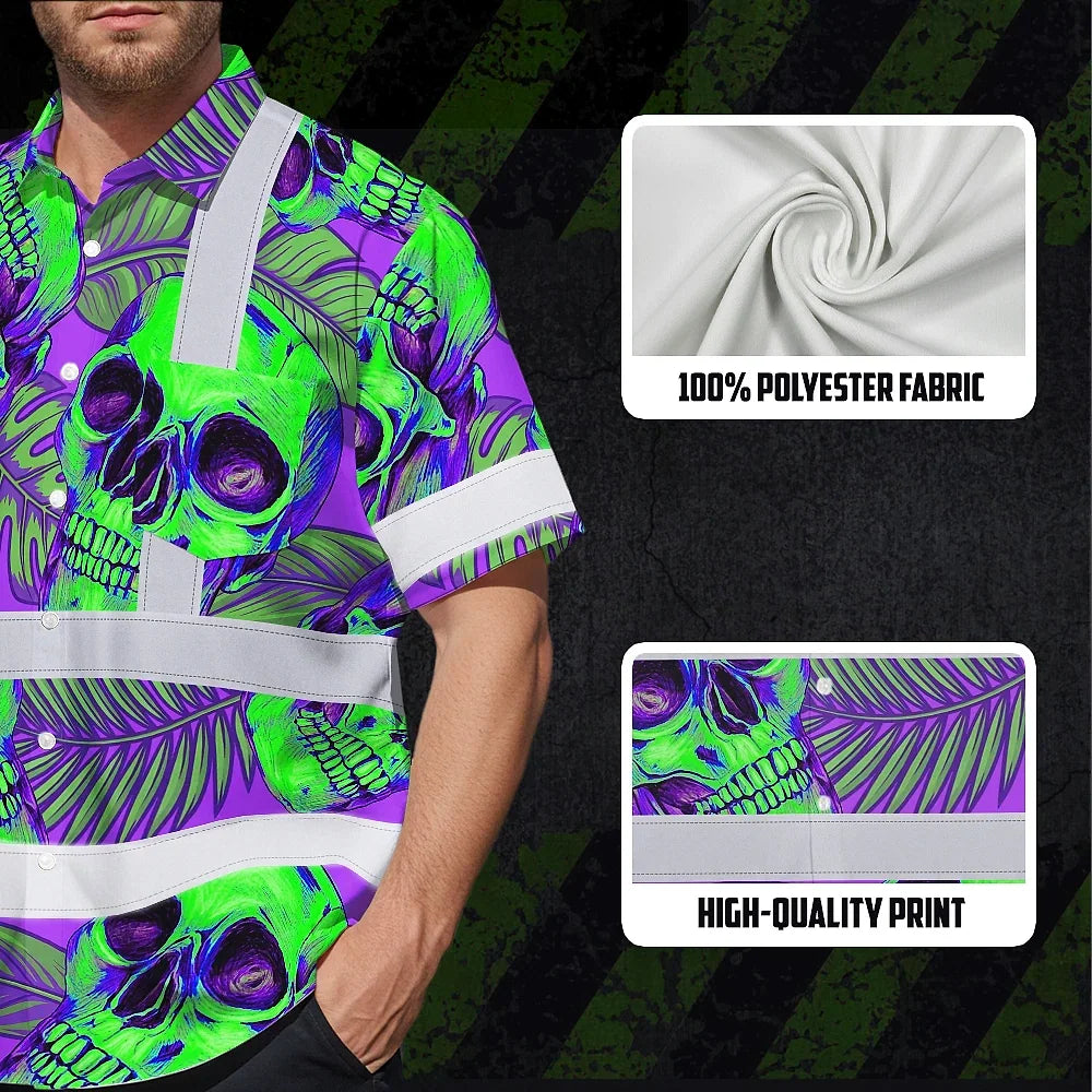 Hi Vis Hawaiian Shirt Reflective Tapes Green Neon Violet Skull Custom Name Safety Workwear For Workers, Truckers, Operators