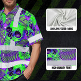 Hi Vis Hawaiian Shirt Reflective Tapes Green Neon Violet Skull Custom Name Safety Workwear For Workers, Truckers, Operators