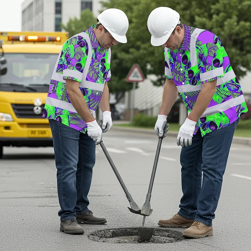 Hi Vis Hawaiian Shirt Reflective Tapes Green Neon Violet Skull Custom Name Safety Workwear For Workers, Truckers, Operators