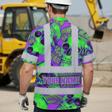 Hi Vis Hawaiian Shirt Reflective Tapes Green Neon Violet Skull Custom Name Safety Workwear For Workers, Truckers, Operators