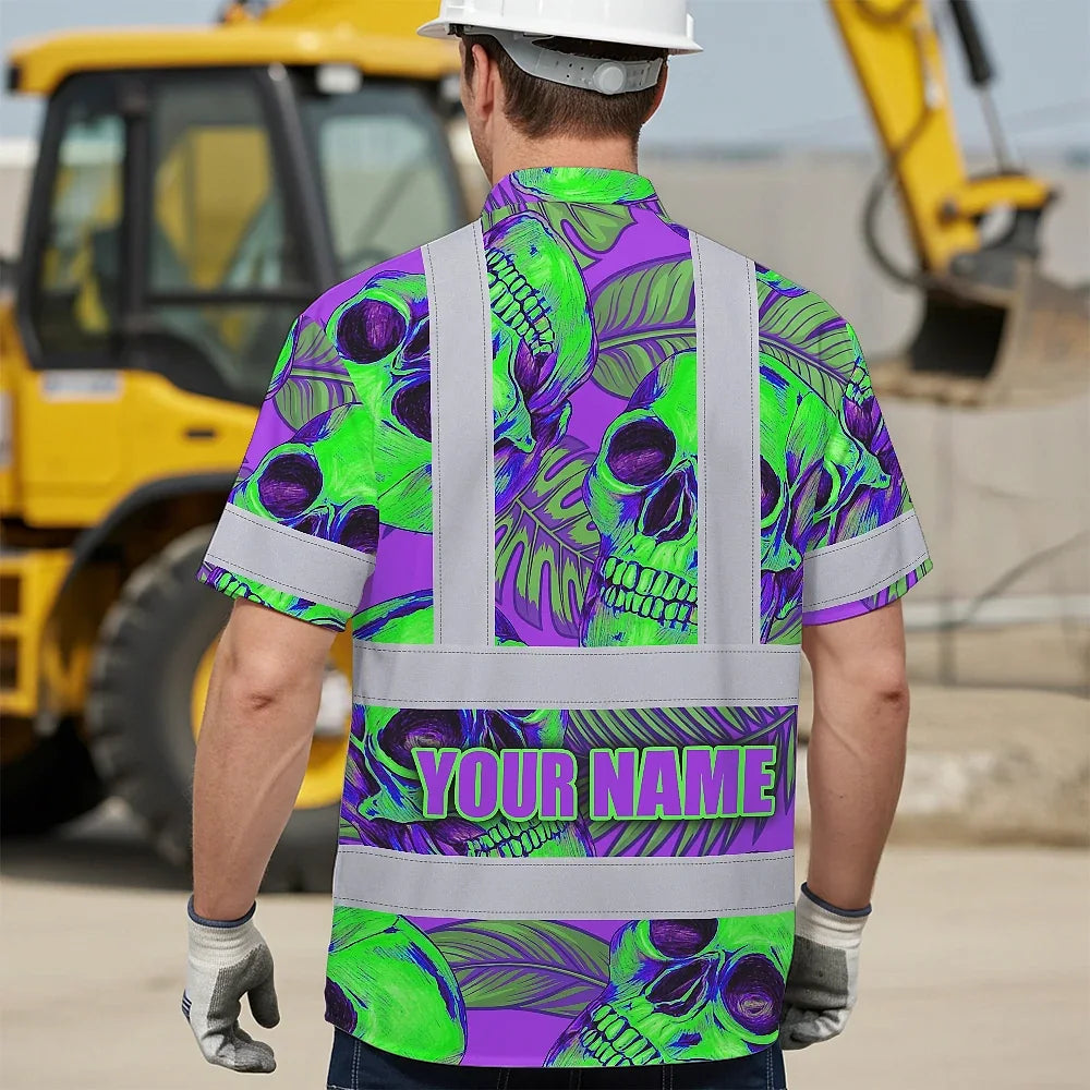Hi Vis Hawaiian Shirt Reflective Tapes Green Neon Violet Skull Custom Name Safety Workwear For Workers, Truckers, Operators