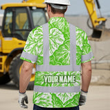 Hi Vis Hawaiian Shirt Reflective Tapes Green Neon White Flowers Custom Name Safety Workwear For Workers, Truckers, Operators