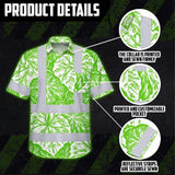 Hi Vis Hawaiian Shirt Reflective Tapes Green Neon White Flowers Custom Name Safety Workwear For Workers, Truckers, Operators