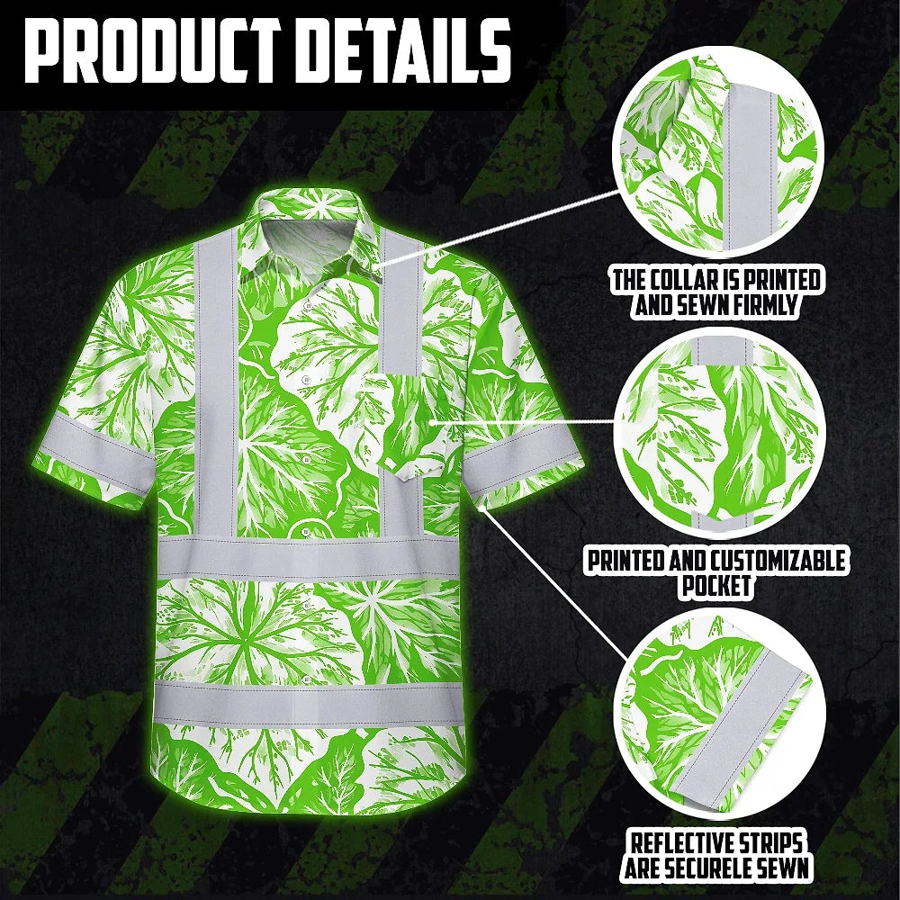Hi Vis Hawaiian Shirt Reflective Tapes Green Neon White Flowers Custom Name Safety Workwear For Workers, Truckers, Operators