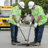 Hi Vis Hawaiian Shirt Reflective Tapes Green Neon White Flowers Custom Name Safety Workwear For Workers, Truckers, Operators