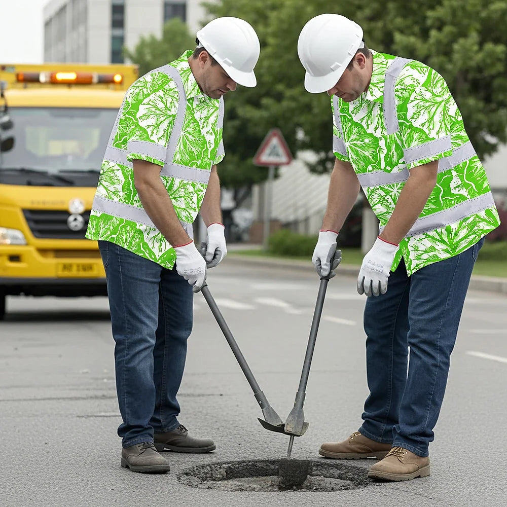 Hi Vis Hawaiian Shirt Reflective Tapes Green Neon White Flowers Custom Name Safety Workwear For Workers, Truckers, Operators