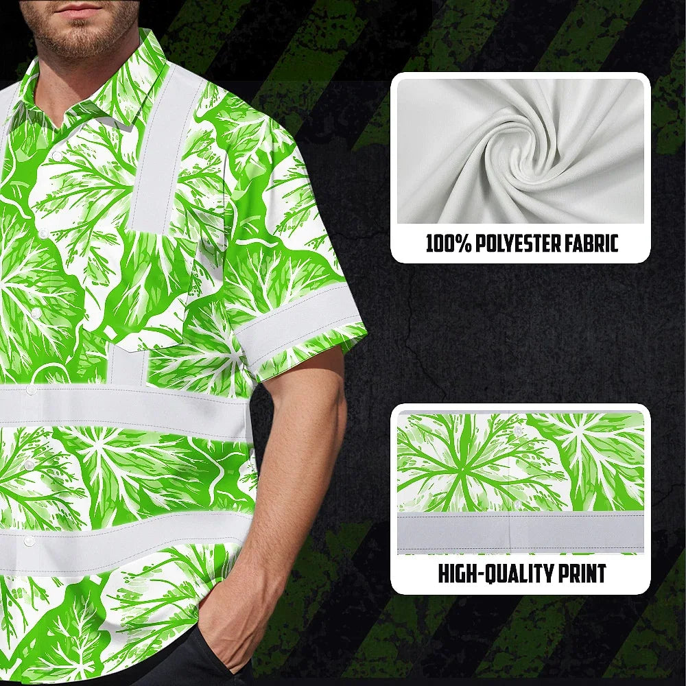 Hi Vis Hawaiian Shirt Reflective Tapes Green Neon White Flowers Custom Name Safety Workwear For Workers, Truckers, Operators