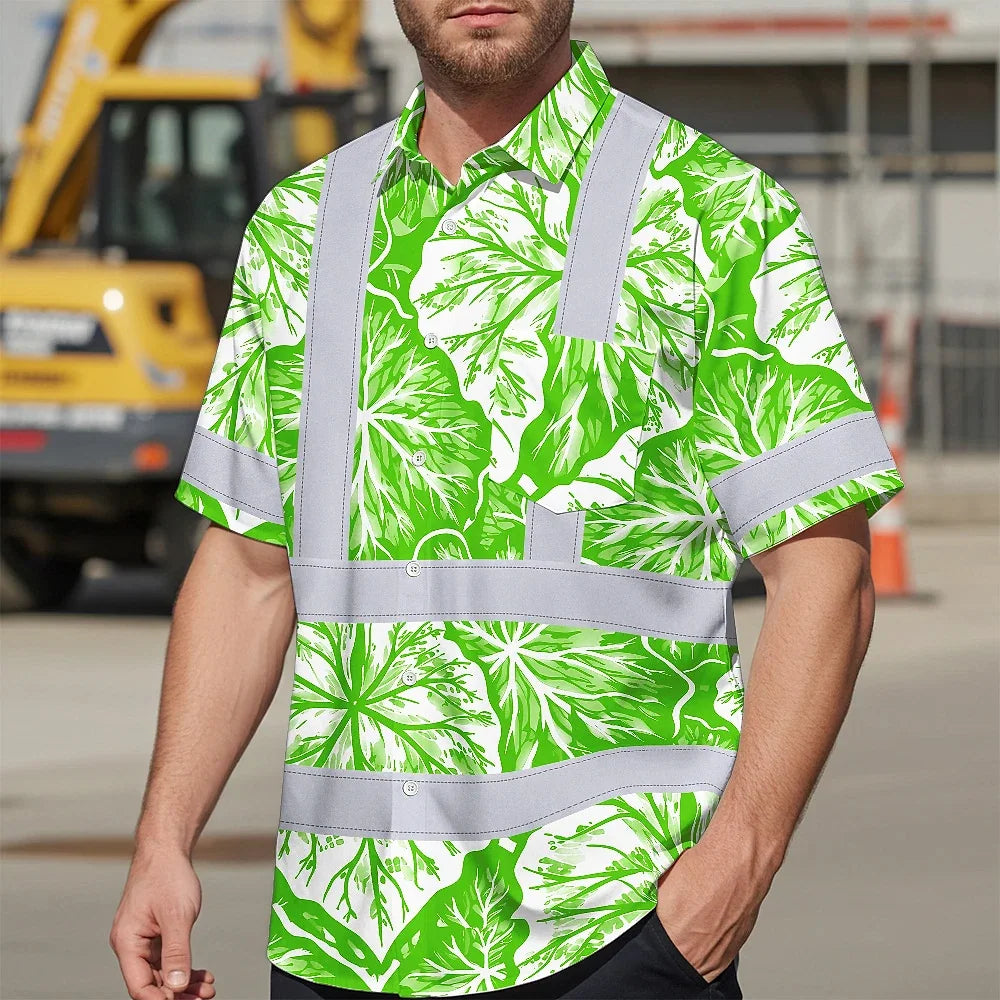 Hi Vis Hawaiian Shirt Reflective Tapes Green Neon White Flowers Custom Name Safety Workwear For Workers, Truckers, Operators