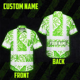 Hi Vis Hawaiian Shirt Reflective Tapes Green Neon White Flowers Custom Name Safety Workwear For Workers, Truckers, Operators
