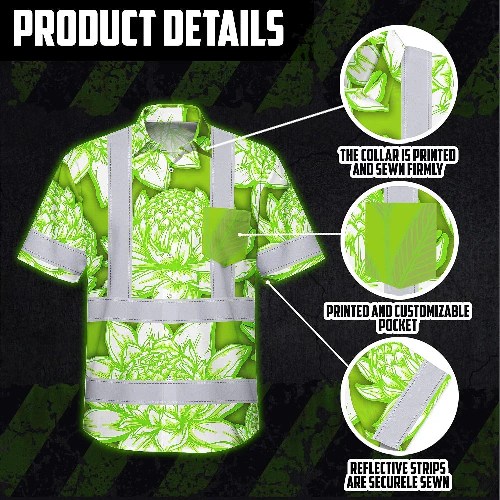 Hi Vis Hawaiian Shirt Reflective Tapes Green Neon White Protea Custom Name Safety Workwear For Workers, Truckers, Operators