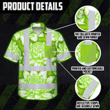 Hi Vis Hawaiian Shirt Reflective Tapes Green Neon White Protea Custom Name Safety Workwear For Workers, Truckers, Operators