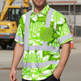 Hi Vis Hawaiian Shirt Reflective Tapes Green Neon White Protea Custom Name Safety Workwear For Workers, Truckers, Operators