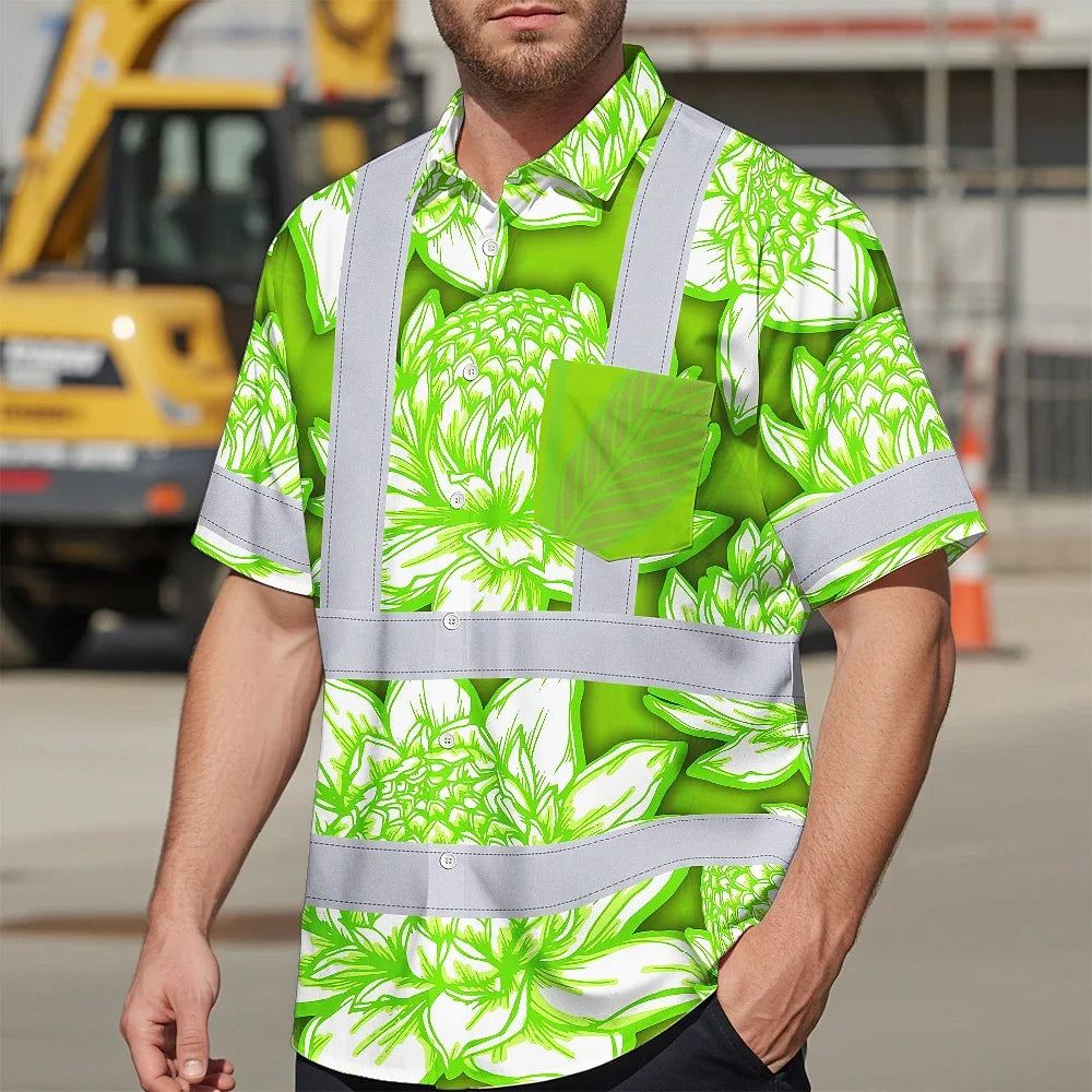 Hi Vis Hawaiian Shirt Reflective Tapes Green Neon White Protea Custom Name Safety Workwear For Workers, Truckers, Operators
