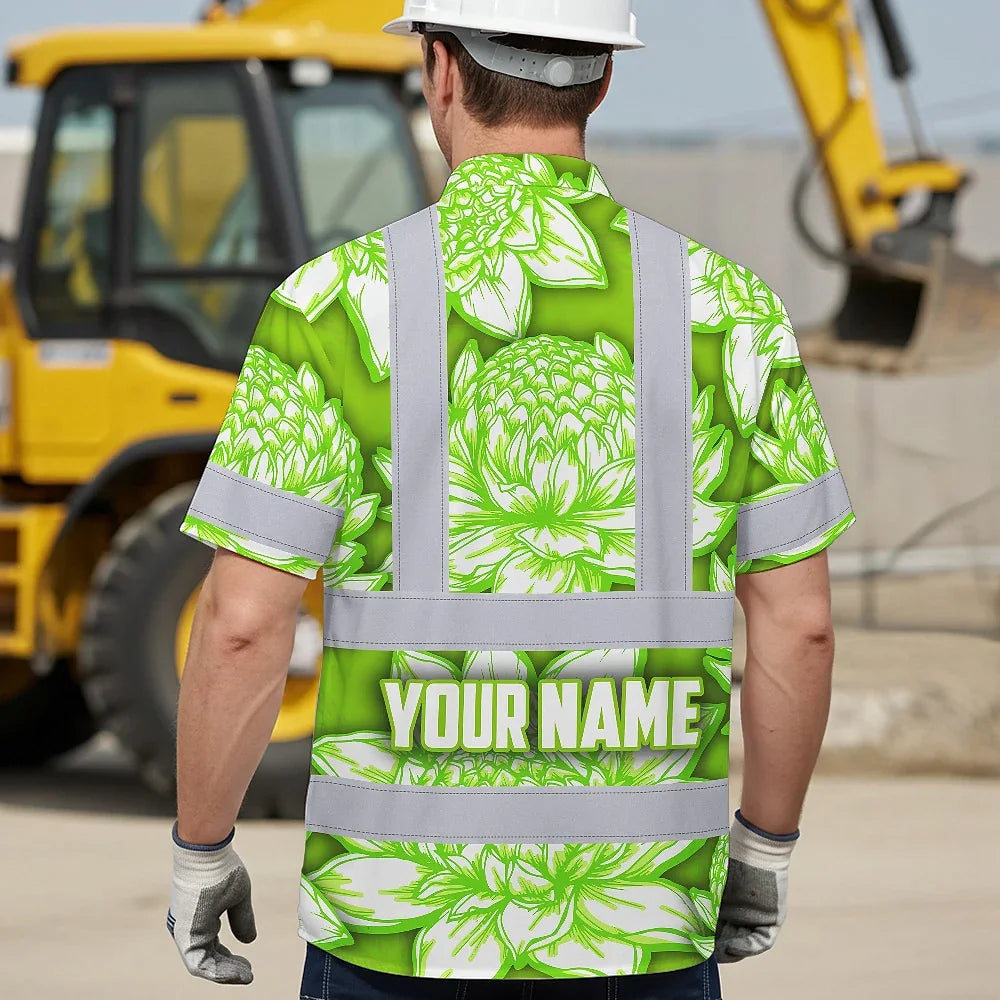Hi Vis Hawaiian Shirt Reflective Tapes Green Neon White Protea Custom Name Safety Workwear For Workers, Truckers, Operators