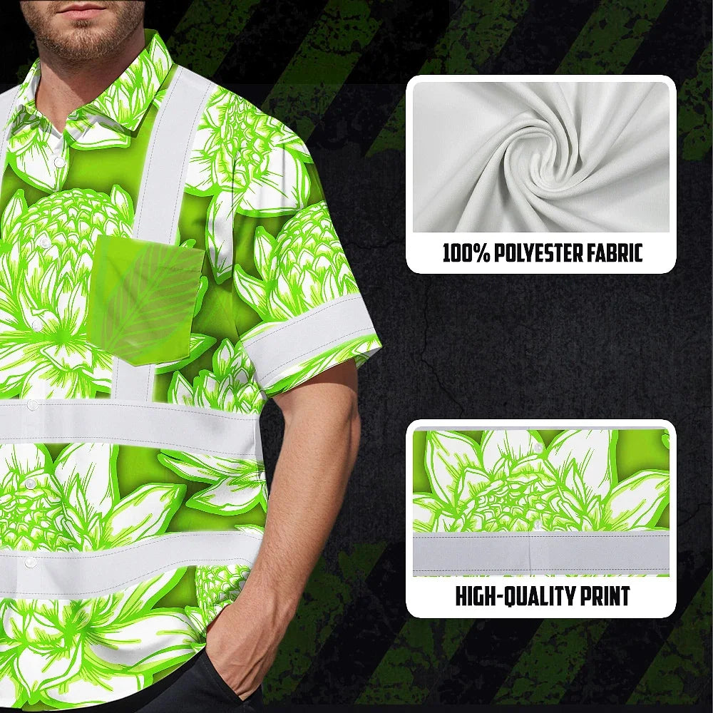 Hi Vis Hawaiian Shirt Reflective Tapes Green Neon White Protea Custom Name Safety Workwear For Workers, Truckers, Operators