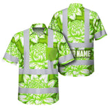 Hi Vis Hawaiian Shirt Reflective Tapes Green Neon White Protea Custom Name Safety Workwear For Workers, Truckers, Operators