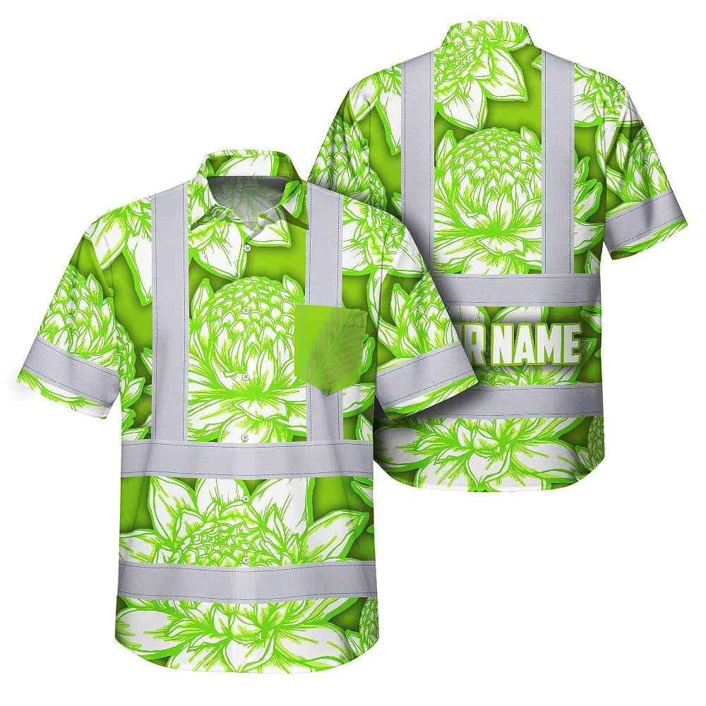 Hi Vis Hawaiian Shirt Reflective Tapes Green Neon White Protea Custom Name Safety Workwear For Workers, Truckers, Operators