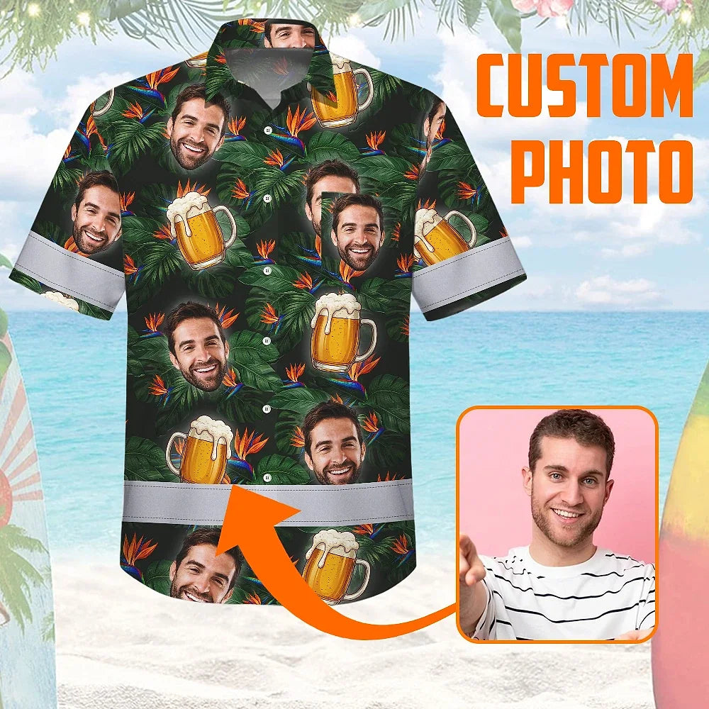 Hi Vis Hawaiian Shirt Reflective Tapes Green Orange Drink Tropical Cocktail Beer Print Custom Name Safety Workwear For Workers, Truckers, Operators