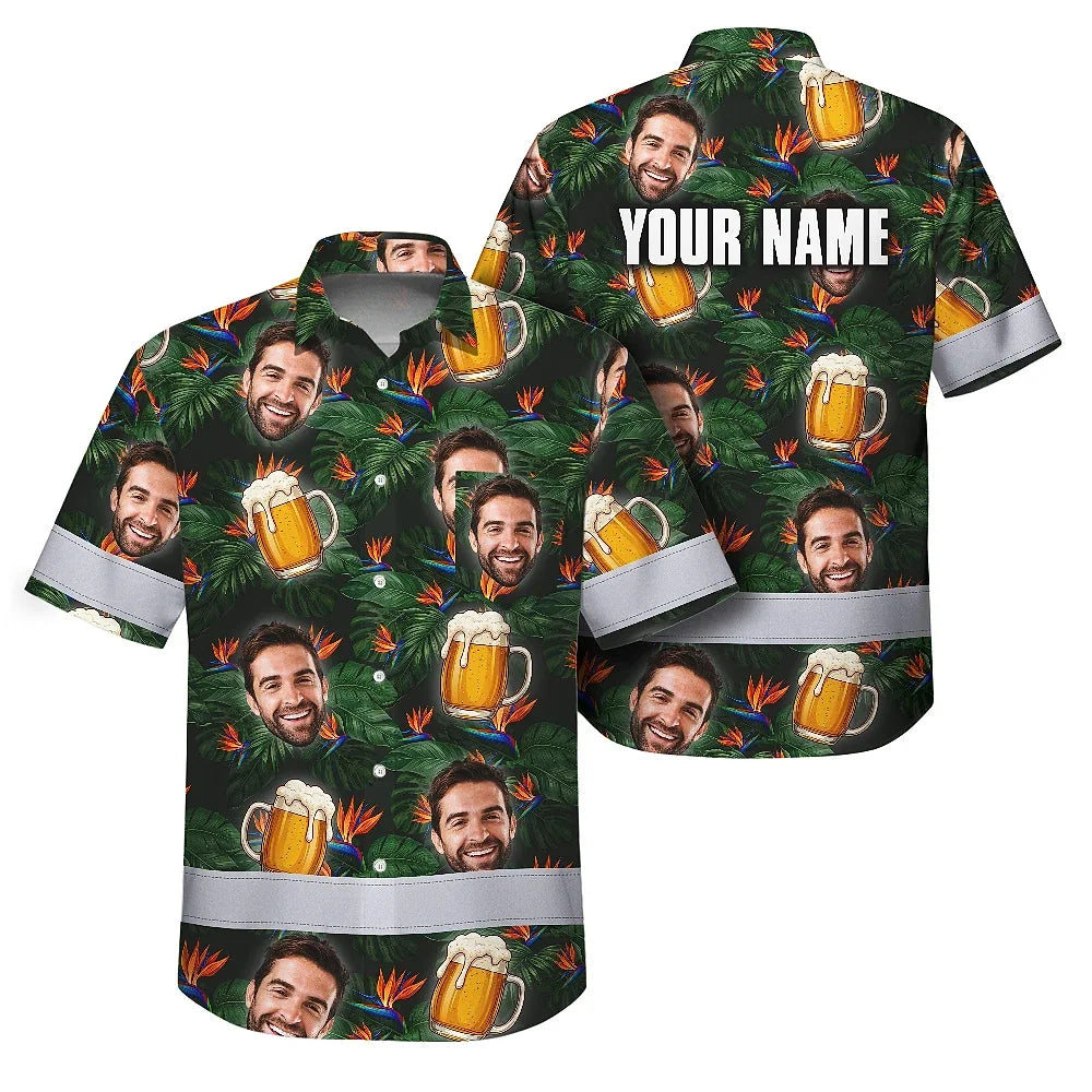 Hi Vis Hawaiian Shirt Reflective Tapes Green Orange Drink Tropical Cocktail Beer Print Custom Name Safety Workwear For Workers, Truckers, Operators