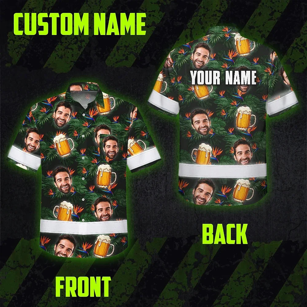 Hi Vis Hawaiian Shirt Reflective Tapes Green Orange Drink Tropical Cocktail Beer Print Custom Name Safety Workwear For Workers, Truckers, Operators